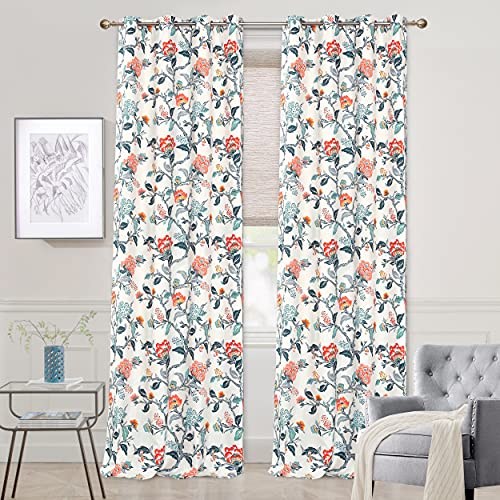 DriftAway Ada Floral Botanical Print Flower Leaf Lined Thermal Insulated Room Darkening Blackout Window Curtains 2 Layers Set of 2 Panels Each 52 Inch by 108 Inch Ivory Orange Teal