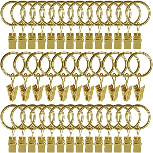 AMZSEVEN 44 Pack Small Curtain Rings with Clips, Metal Curtain Hangers Clips, Drapery Rings with Clips, Decorative Curtain Rod Window, 1 Inch Interior Diameter, Rustproof Gold。