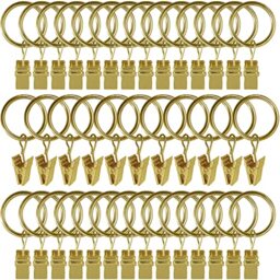 AMZSEVEN 44 Pack Small Curtain Rings with Clips, Metal Curtain Hangers Clips, Drapery Rings with Clips, Decorative Curtain Rod Window, 1 Inch Interior Diameter, Rustproof Gold。
