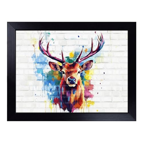 Lap Tray with Bean Bag Cushion, Stag Illustrated - Handmade in the UK, Raised Wooden Edge, Padded Cushion, Heat-Resistant Wipe-Clean Surface, for Meals, Laptops and Crafts