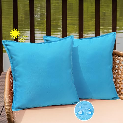 WOKANI Outdoor Waterproof Pillow Covers with Wide Edge 18x18 Set of 2 Decorative Square Solid Couch Pillow Covers for Patio Tent Sofa Bed Living Room, SkyBule