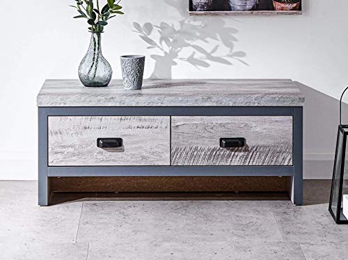 GFW Boston 2 Drawer Coffee Table Grey Distressed Finish For Living Room, 2 Storage Drawers For Entertainment Controls, Magazine Or Books, 87 cm Width x 48 cm Depth x 35.5 cm Height, Grey