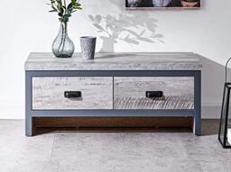 GFW Boston Grey Wood Effect Coffee Table, 2 Drawer Storage Coffee Table with Industrial Design and Chunky 30mm Top