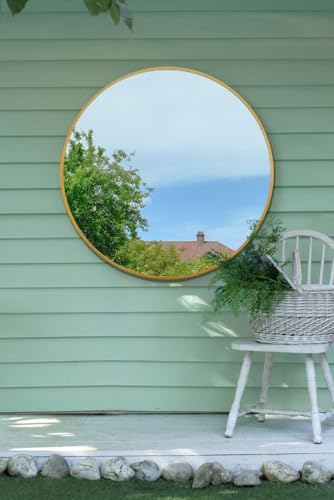 "MirrorOutlet The Fenestra - Gold edged Modern Round Circular Garden Wall Mirror 39"" X 39"" (100CM X 100CM) Silver Mirror Glass with Black Metal Frame"