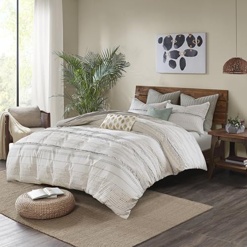"INK+IVY 100% Cotton Duvet Set Mid Century Modern Design, All Season Comforter Cover Bedding Set, Matching Shams, Full/Queen(88""x92""), Nea, Ivory Stripes Tassel Accent 3 Piece"