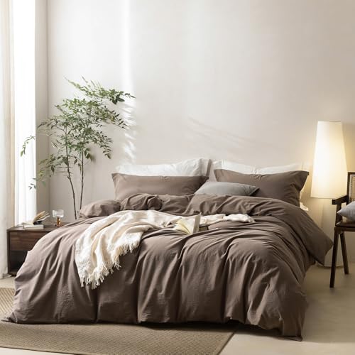 BDEAR 3 Pieces Light Chocolate Brown Duvet Cover Set California King Size 104'' W x 98'' L, 100% Washed Cotton Duvet Cover with Zipper Closure Plus 2 Pillowcases, Oeko TEX Standard Certificated