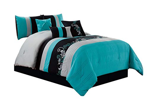 Chezmoi Collection Napa 7-Piece Luxury Leaves Scroll Embroidery Bedding Comforter Set (King, Teal Blue/Gray/Black)