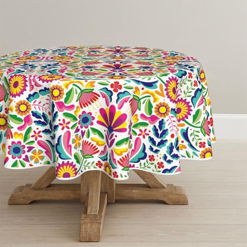 Horaldaily Mexico Tablecloth 60??60 Inch Round, Cinco De Mayo Fiesta White Washable Table Cover for Party Picnic Dinner Decor