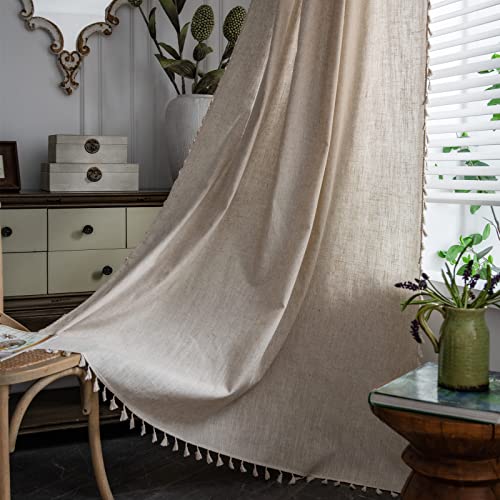 "Sutuo Home Boho Curtains Natural Linen Look Textured Burlap for Bedroom, Rod Pocket Chic Semi Blackout Bohemian Handmade Tassels Window Treatment for Living Room, 1 Panel 59"" W x 84"" L"