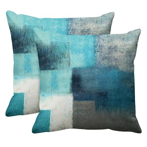 Emvency Set of 2 Turquoise White and Gray Throw Pillow Covers Modern Abstract Teal Painting Decorative Pillow Cases Home Decor Standard Square 26x26 Inches Pillowcases