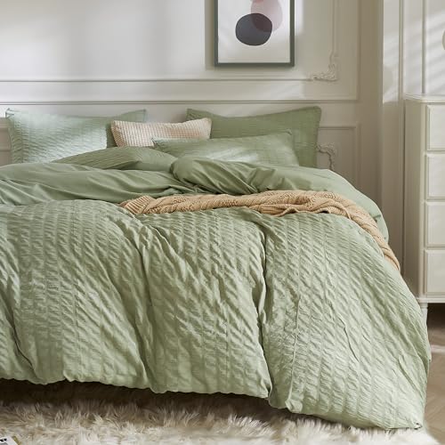 JELLYMONI Light Green Seersucker Duvet Cover Set King Size - Soft Breathable, Cotton-Like Feel, Crinkled Texture, Oeko-Tex Certified, 8 Corner Ties & Hidden Zipper