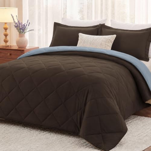 "downluxe Queen Comforter Set - Brown and Blue Queen Comforter, Soft Bedding Sets for All Seasons -3 Pieces - 1 Comforter (88""x92"") and 2 Pillow Shams(20""x26"")"