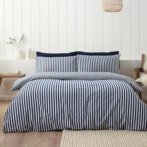 Catherine Lansfield Brushed Stripe Cotton Reversible Single Duvet Cover Set with Pillowcase Navy Blue