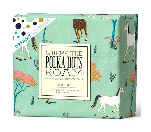 Where the Polka Dots Roam Horse Bedding Set - Western Farmhouse Style Animal Sheets for Kids, Boys, Girls - Includes 1 Fitted Sheet, 1 Flat Sheet, 1 Pillowcase - Twin Size Bed Horses Print