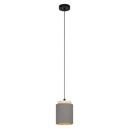 EGLO Albariza Pendant Light, 1-Bulb Vintage Pendant Light, Steel, Wood and Textile in Black, Natural, Cappuccino, Gold, Dining Table Lamp, Living Room Lamp Hanging with E27 Socket