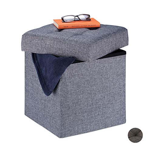 Relaxdays Storage Ottoman, Foldable, Soft Padding, Quilted, Fabric, Cube Seat, HWD 41 x 38 x 38 cm, Grey