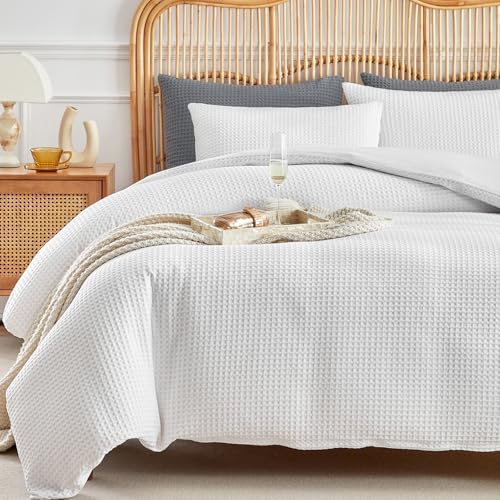 WARMDERN Waffle Weave White Duvet Cover Twin Size, Textured, 2-Piece - Zipper Closure, 4 Corner Ties, All-Season, Machine Washable, Ultra Soft Bedding Set, Breathable, Lightweight, Durable