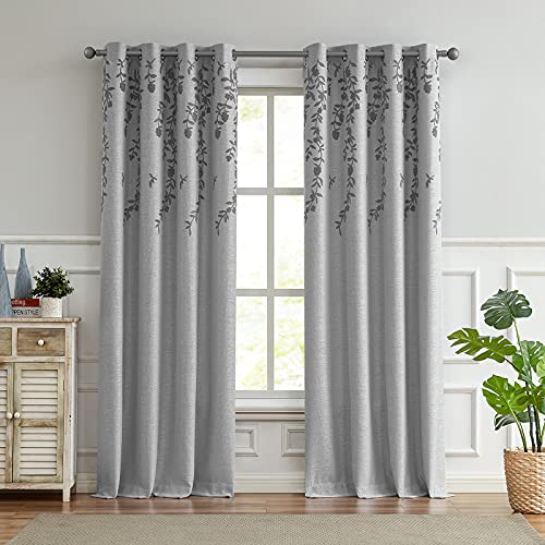 Melodieux Flower Embroidery Linen Room Darkening Curtains for Living Room Bedroom Grommet Window Drape, Grey Flower, 52 by 96 Inch (1 Panel)