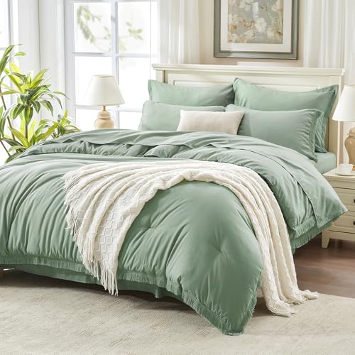 Andency King Comforter Set, 7 Pieces Sage Green Bedding - Boho Bed in a Bag, Soft Lightweight, Fringe Bed Set with Comforter(104x90), Sheets, Pillowcases & Shams