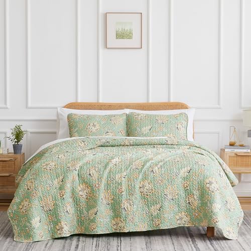 Southshore Fine Living, Inc. Oversized Queen Quilt Set, 3-Piece Lightweight Quilted Bedspread with 2 Pillow Covers, Jacobean Willow, Floral Coverlet Microfiber Fabric, Full Size Bedding Quilt, Green