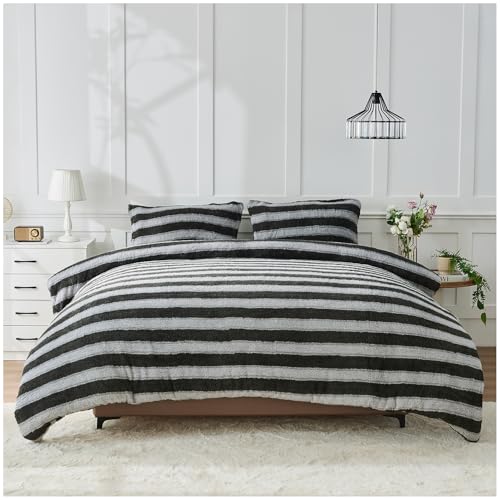 GC GAVENO CAVAILIA Teddy Fleece Duvet Set - Fluffy Stripe Duvet Cover with Pillowcase - Thermal Bedding Single Quilt Cover -Warm, Breathable & Hypoallergenic Bed Cover Set - (135x200cm) Charcoal/Grey