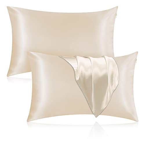 Veaken Silk Pillowcase for Hair and Skin, 100% Mulberry Silk Pillowcase 25 Momme 600 Thread Count, Both Side Pure Silk with Hidden Zipper, Standard Size, 20''x26'', Beige