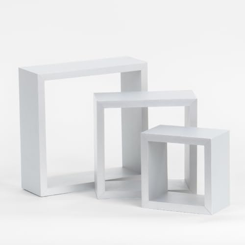 Anika Cubed Floating White Shelves, Set of 3, 9cm Depth, Wall Mounted - Bedroom, Kitchen, Living Room, Office, 3 Separate Sizes, Modern Design, Easy Installation, Multi-Functional Storage