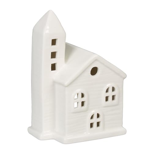 Relaxdays Tealight House Ceramic, Light Through Windows, for 1 Candle, HxWxD: 13.5 x 10 x 7 cm, Table Decoration, White