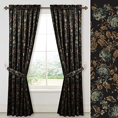 StangH Black Velvet Curtains 84 inches Long - Printed Floral Design Home Decoration Luxury Thermal Insulated Blackout Window Treatment Set for Living Room, 52x84-inch, 2 Panels