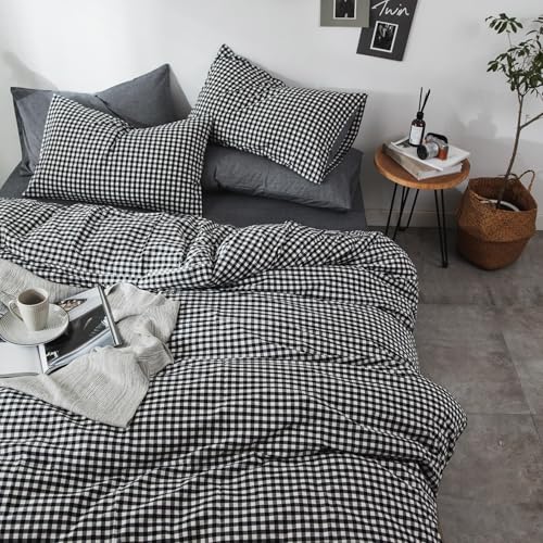mixinni Black Gingham Comforter Set Queen, Plaid Comforter Set 3 Pieces 1 Black Grid Comfoter with 2 Pillow Cases for All Seasons, Soft Fluffy Modern Grid Pattern Printed Bedding-Queen Size