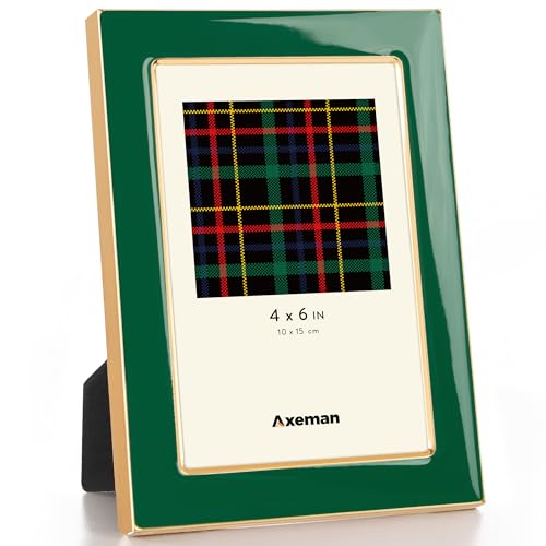 Axeman 4x6 Enamel Picture Frames with Tempered Glass-4 x 6 Modern Photo Frame with Gold Metal Edge Velvet Back for Tabletop and Wall Mount Display for Shelf, Desk & Countertop Decor, Green