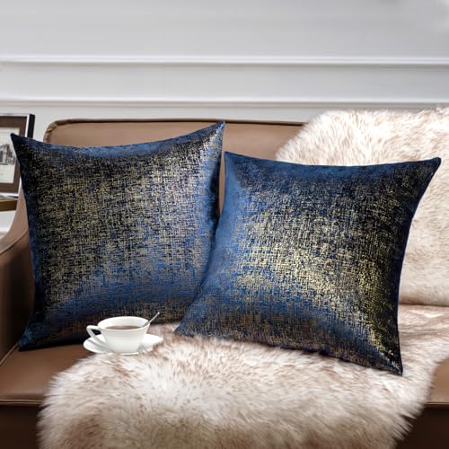 Phantoscope Pack of 2 Sparkling Velvet Geometric-Pattern Throw Decorative Pillow Cover Soft Gold Glitter Square Cushion Cover Pillowcase for Couch Bed and Chair, Navy Blue, 18 x 18 inches, 45 x 45 cm