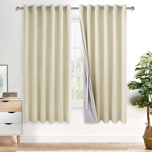 XWZO 100% Blackout Curtains with Tiebacks- Heat and Full Light Blocking Window Panels with Grommets & Thermal Insulated Draperies for Large Window, Light Beige, W70 x L63, Set of 2
