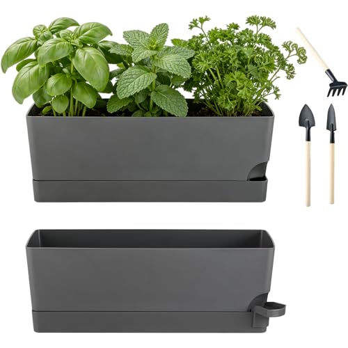 2 Pack Rectangle Self Watering Pots for Indoor Plants 17 Inches Window Boxes Planters Rectangular Flower Pots Herb Large Plant Pots with Drainage Holes and Saucers Windowsill Planter, Grey