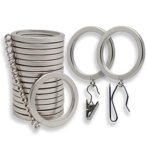 BlastHome Signature Collection Curtain Rings – Metal with Quiet, Smooth Nylon Inserts – Pinhooks and Clips Included – 1.5 Inch Inside Diameter – 18 for Two Standard Curtains – Brushed Nickel