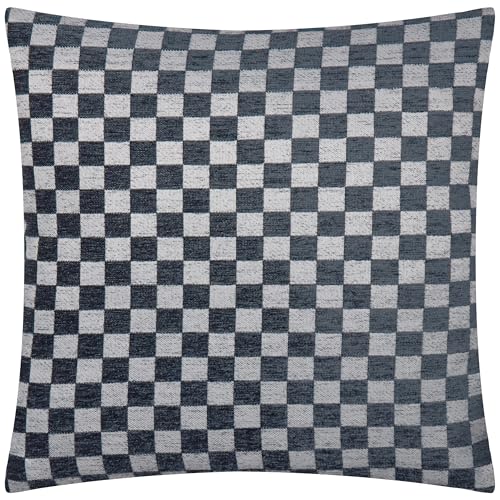 furn. Hoem Larro Cushion Cover – Textured Checkerboard Jacquard Chenille Decorative Case (Slate Blue – 45x45cm)