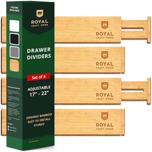 "ROYAL CRAFT WOOD Expandable Bamboo Drawer Dividers Organizers - Adjustable Drawer Separators Best for Kitchen, Bathroom, Bedroom, Office or Dresser Organization, Set of 4, 16.5""-22"""