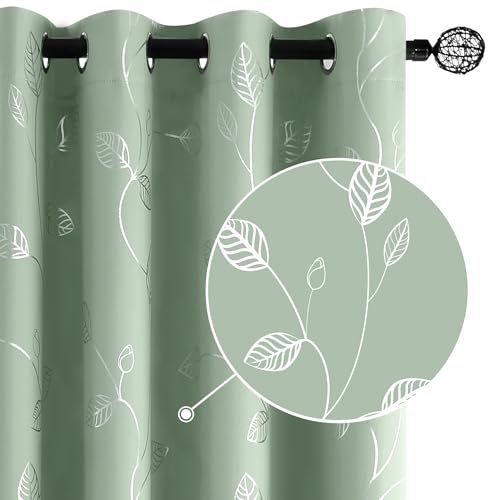 BUHUA Blackout Curtains Pairs 63 Inches Long Room Darkening Curtains with Shinny Silver Leaf Design for Sliding Glass Door 52W??63L Sage Green 1 Pair