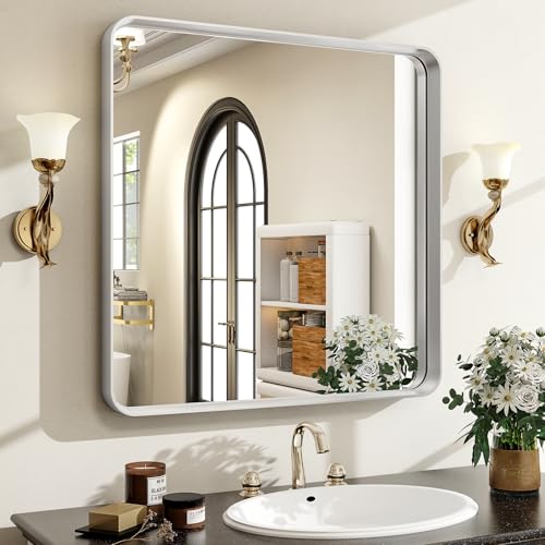 "30""x 30"" Silver Bathroom Mirror - Aluminum Framed Wall Mirror, Bathroom Wall Mounted Vanity Mirror, Modern Bathroom Mirror, Bedroom, Living Room Wall Mirror, Hang Horizontally or Vertically"