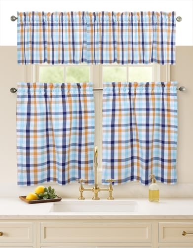Softopia Cotton Gingham Check 3 Piece Window Curtain Set, 2 Tiers 26x36 Inch and 1 Valance 54x18 Inch, Semi Sheer, Rod Pocket, Short Kitchen Curtain - Indigo Blue - Mustard Yellow - Aqua Blue