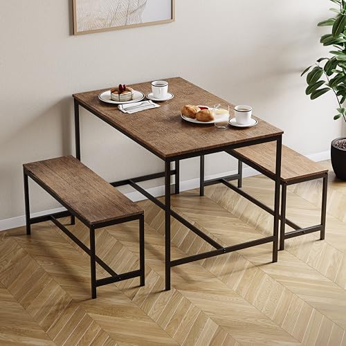 Vida Designs Roslyn 4 Seater Dining Set - Dark Wood - 3 Piece Dining Room Complete Set - 75H x 110W x 70D cm - with 2 Benches - Rustic - Solid Metal Frame - Industrial Design