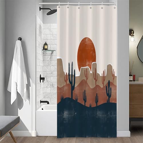 Umpoo Abstract Mid Century Bohemian Bathroom Shower Curtain Desert Cactus Red Sun Curtain with Hooks, Waterproof Polyester Fabric, 36x72 Inch