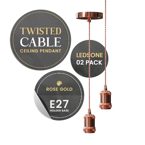 LEDSone Rose Gold Pendant Light Kit 2 Pack E27 Vintage Industrial Hanging Ceiling Light with 95cm Adjustable Braided Cable for Kitchen Island, Dining Room & Bedroom