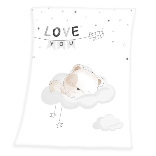 Herding Baby Blanket, Sleeping Little Bear Motif, 75 x 100cm, Soft Polyester, White