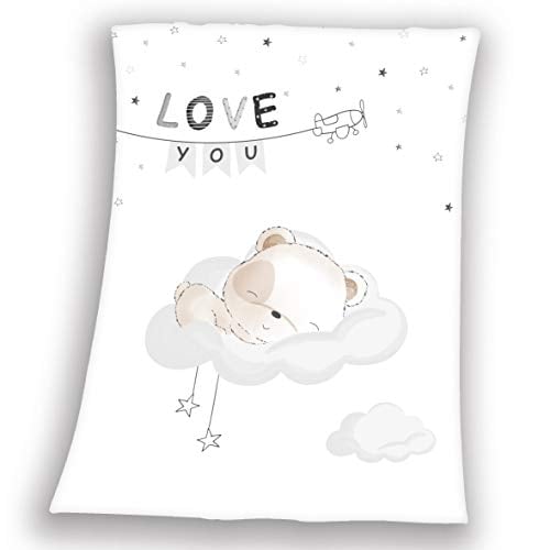 Herding Baby Blanket, Sleeping Little Bear Motif, 75 x 100cm, Soft Polyester, White