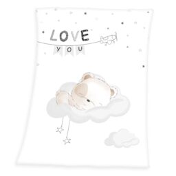 Herding Baby Blanket, Sleeping Little Bear Motif, 75 x 100cm, Soft Polyester, White