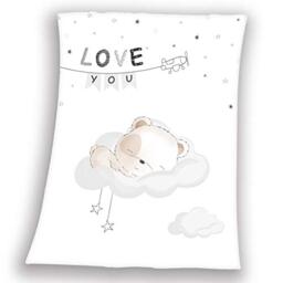 Herding Baby Blanket, Sleeping Little Bear Motif, 75 x 100cm, Soft Polyester, White