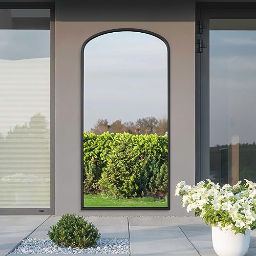 "MirrorOutlet The Angustus - Black Metal Framed Modern Shallow Arched Garden Wall and Leaner Mirror 67"" X 33"" (170CM X 85CM) Black. 2cm Wide Frame and 3cm Deep.…"