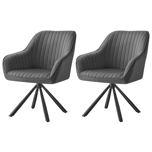 SONGMICS Dining Chairs Set of 2, Swivel Kitchen Chairs, Velvet Upholstered Armchairs with Armrests, Max. Load 120 kg, Steel Legs, for Dining Room, Grey and Ink Black KDC161G81-2J