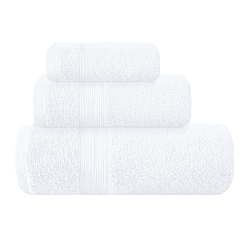BOUTIQUO Ultra Soft 3 Pack Cotton Towel Set, Contains a Bath Towels 27x54 inch, a Hand Towels 16x24 inch & a Wash Coths 12x12 inch, Ideal Everyday use, Compact & Lightweight - White